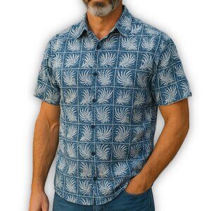 Nat Nast Silk Camp Shirt Blue Hawaiian Palm Print Short Sleeve Size L